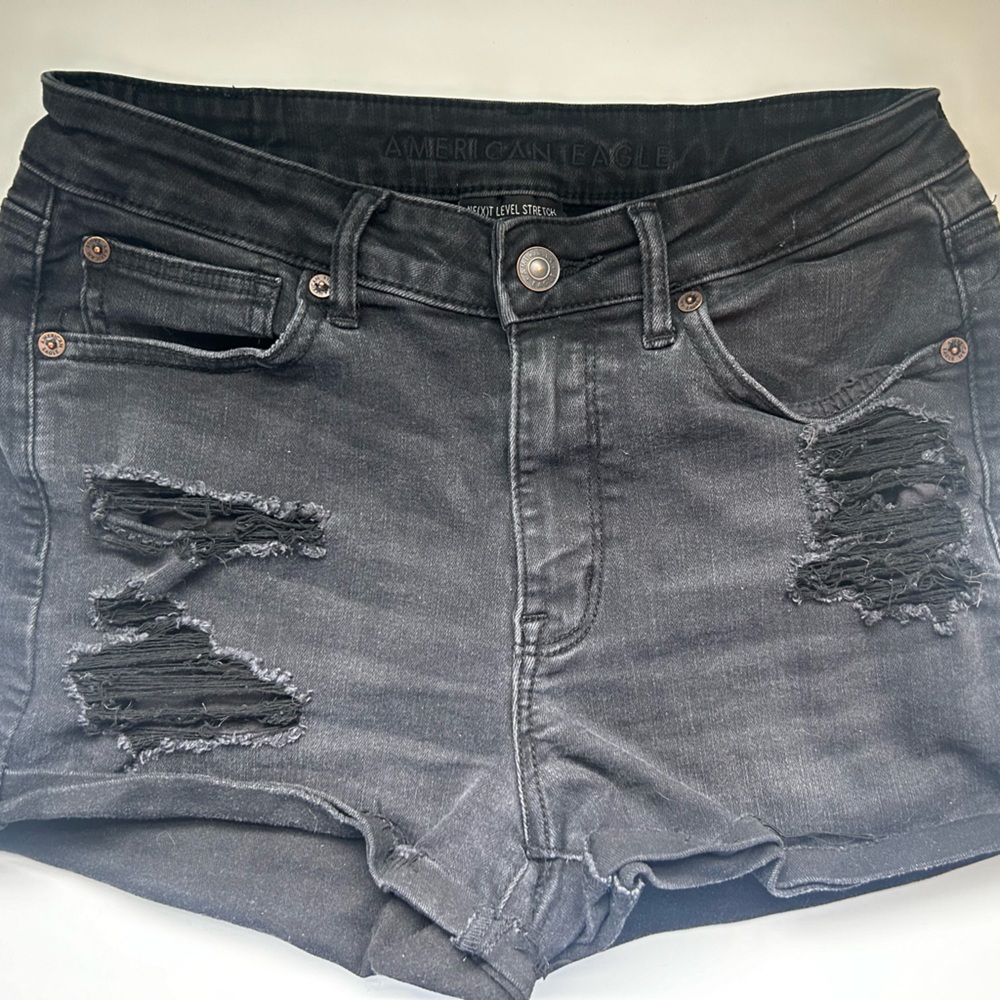 American Eagle Ne(x)t Level Black Faux Ripped High Waisted V-Rise Jean Shorts